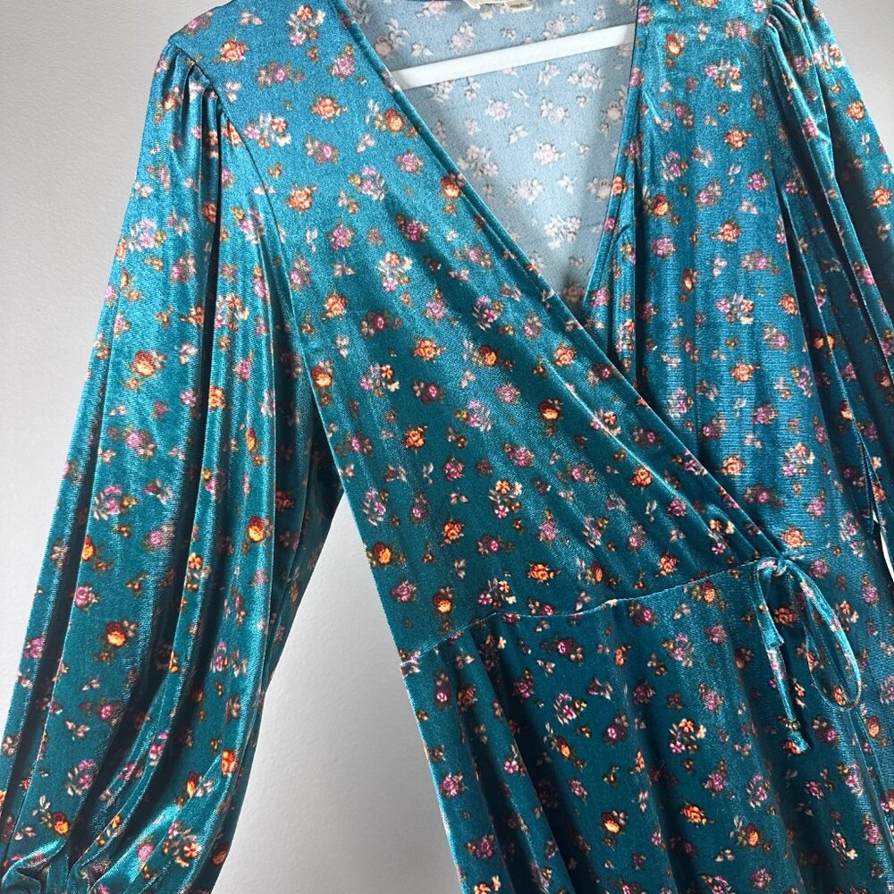 Wrap Style Velour Mini Dress Dark Teal Floral